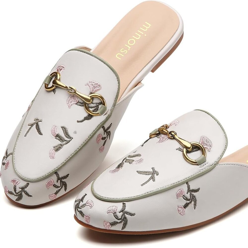 Floral Embroidered Buckle Mules Round Toe Backless Flat size 7 1/2